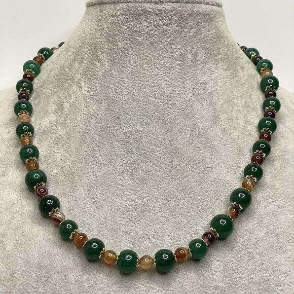 Emerald Green Gemstone Brown Agate Gemstone Beaded Necklace Gold Tone Boho - Picture 1 of 8